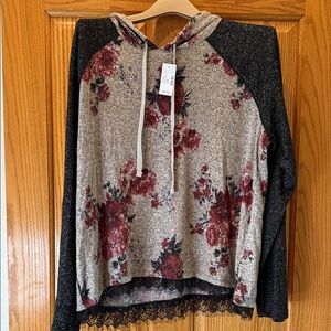 Maurices Black and Gray Floral Hoodie with Lace Hem